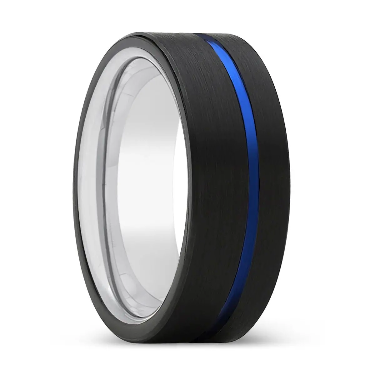 Momento | Silver Ring, Black Tungsten Ring, Blue Offset Groove, Flat 1