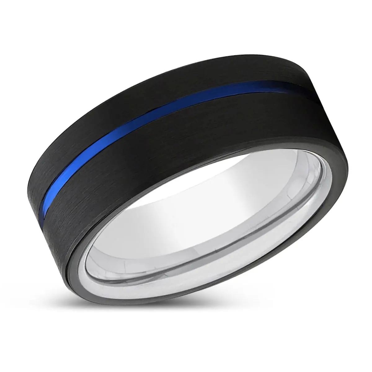 Momento | Silver Ring, Black Tungsten Ring, Blue Offset Groove, Flat 2