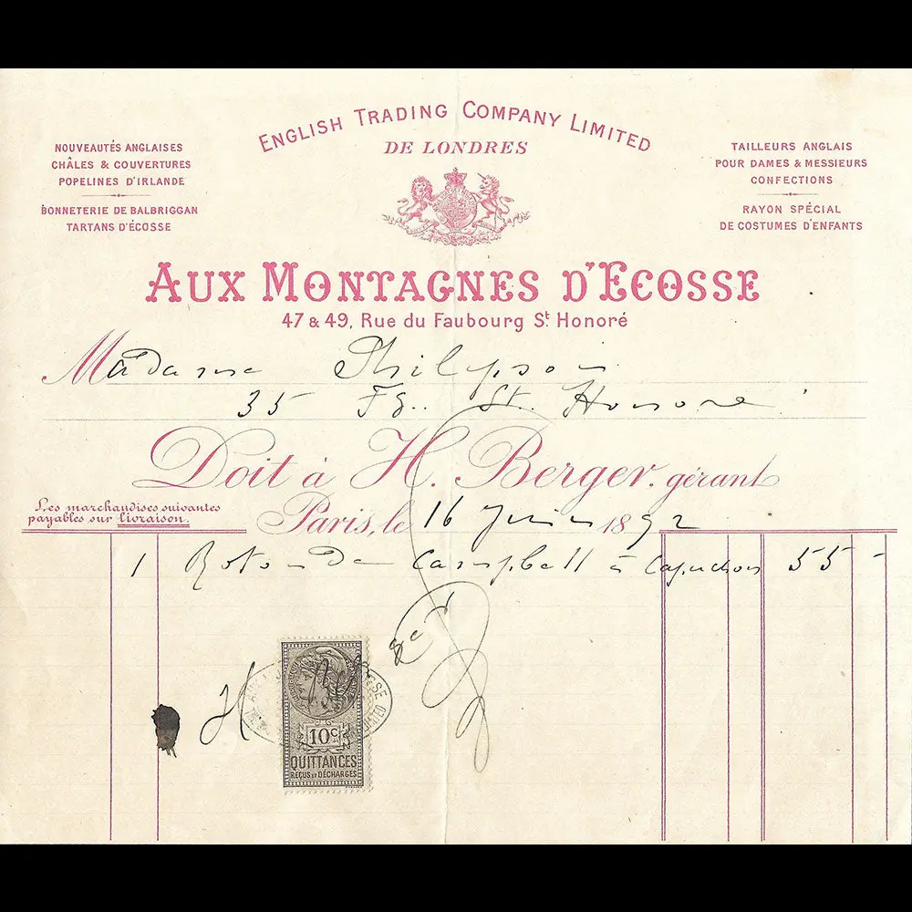 Aux Montagnes D'ecosse - Facture Du Tailleur, 47-49 Rue Du Faubourg Saint-Honoré À Paris (1892) 1