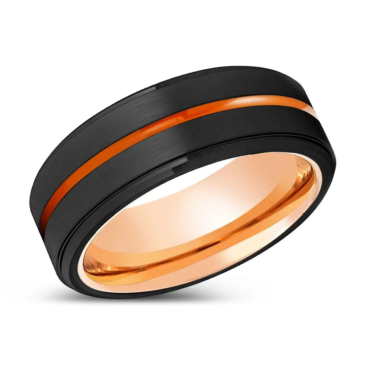 Montgomery | Rose Gold Ring, Black Tungsten Ring, Orange Groove, Stepped Edge 2
