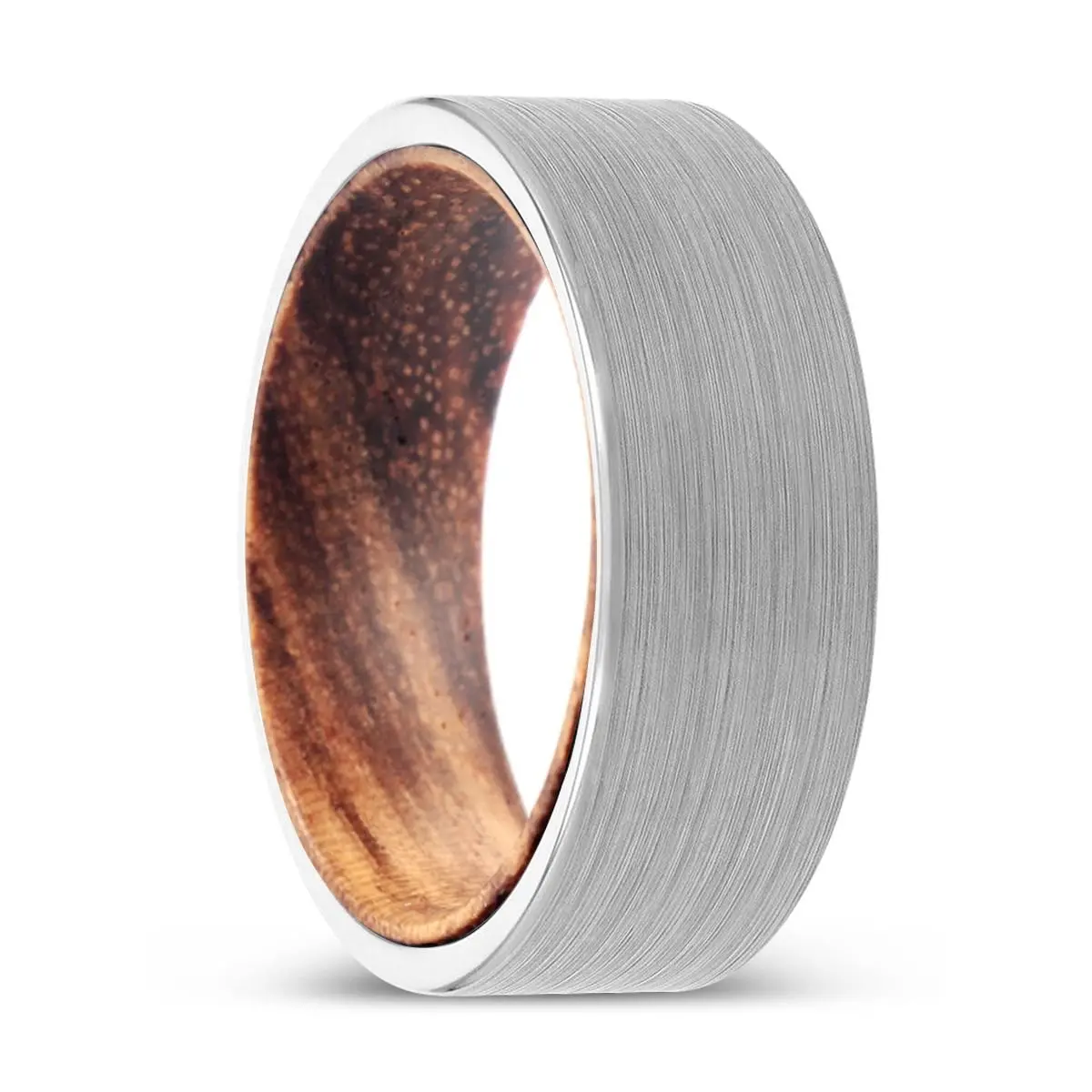 Montoya | Zebra Wood, White Tungsten Ring, Brushed, Flat 1