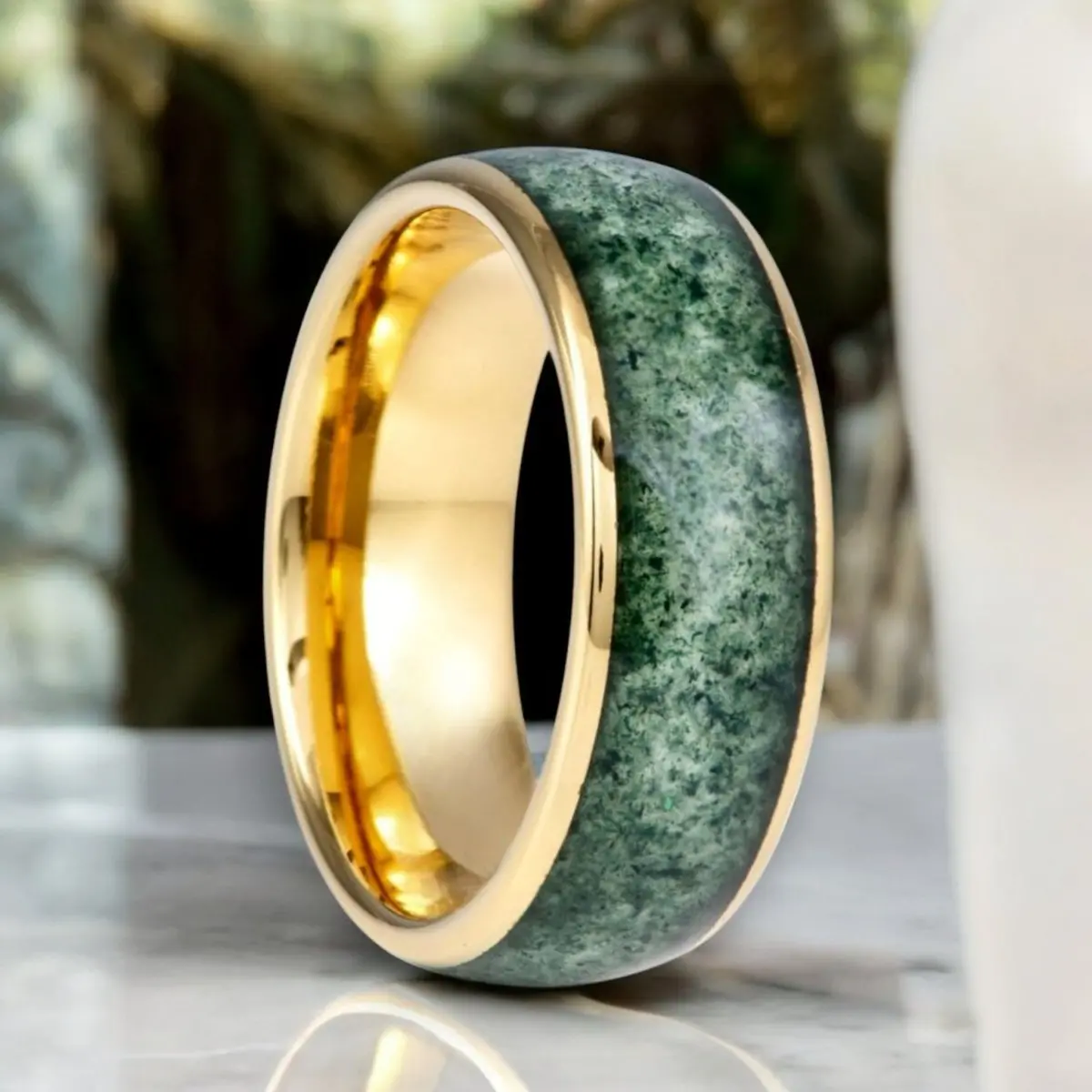 Moosaire | Gold Tungsten Ring, Moss Agate Inlay, Domed 1