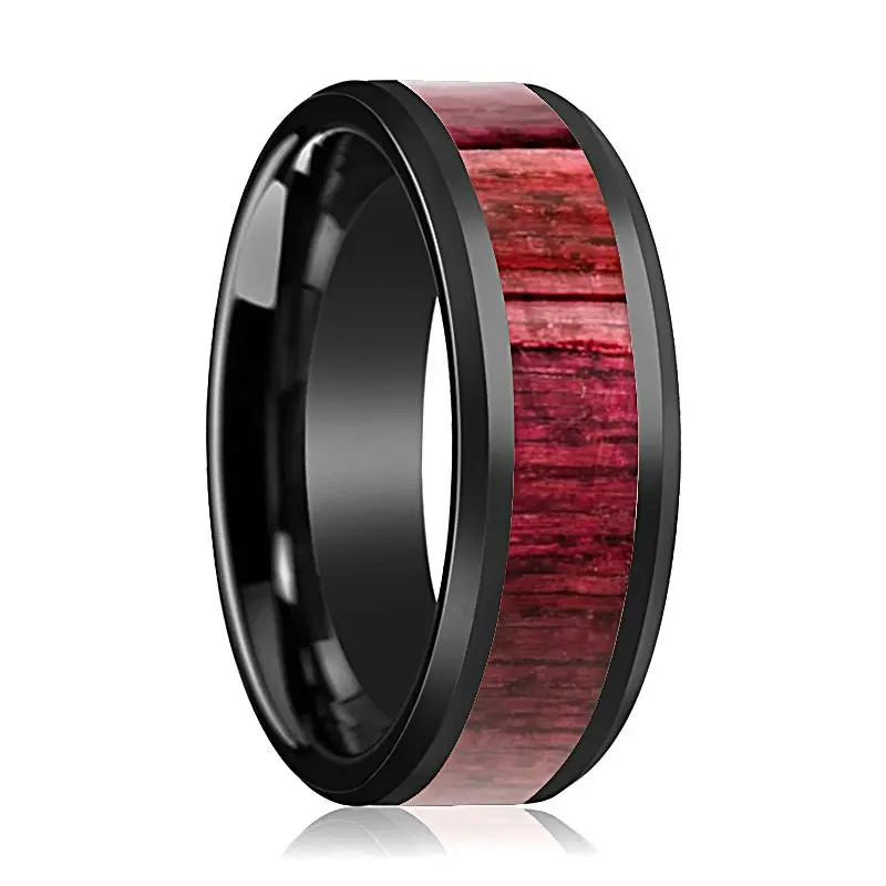 Morado | Black Ceramic Ring, Purple Heart Wood Inlay, Beveled 1