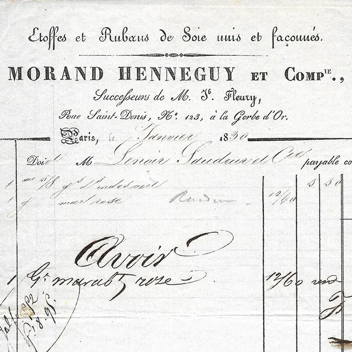 Morand Henneguy Et Cie- Facture Du Magasin D'étoffes, Rue Saint-Denis À Paris (1830) 2