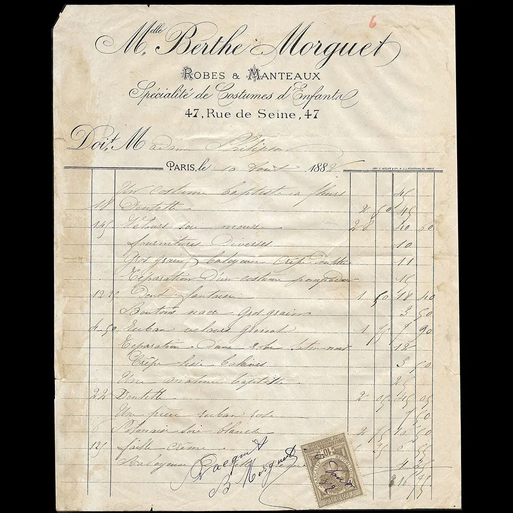 Berthe Morguet- Facture De La Couturière Spécialisée En Cosutmes D'enfants, 47 Rue De Seine À Paris (1882) 1