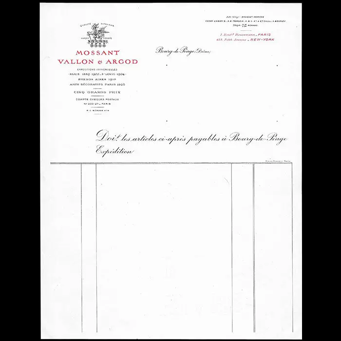 Mossant, Vallon & Argod  - Facture De La Maison De Chapeaux (Circa 1925) 1