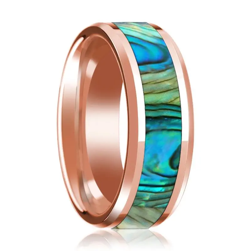 Mother Of Pearl Inlaid 14K Rose Gold Polished Wedding Band For Men With Beveled Edges - 8Mm 1