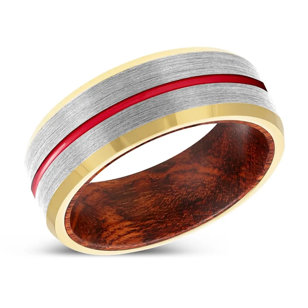 Moxi | Snake Wood, Silver Tungsten Ring, Red Groove, Gold Beveled Edge 2