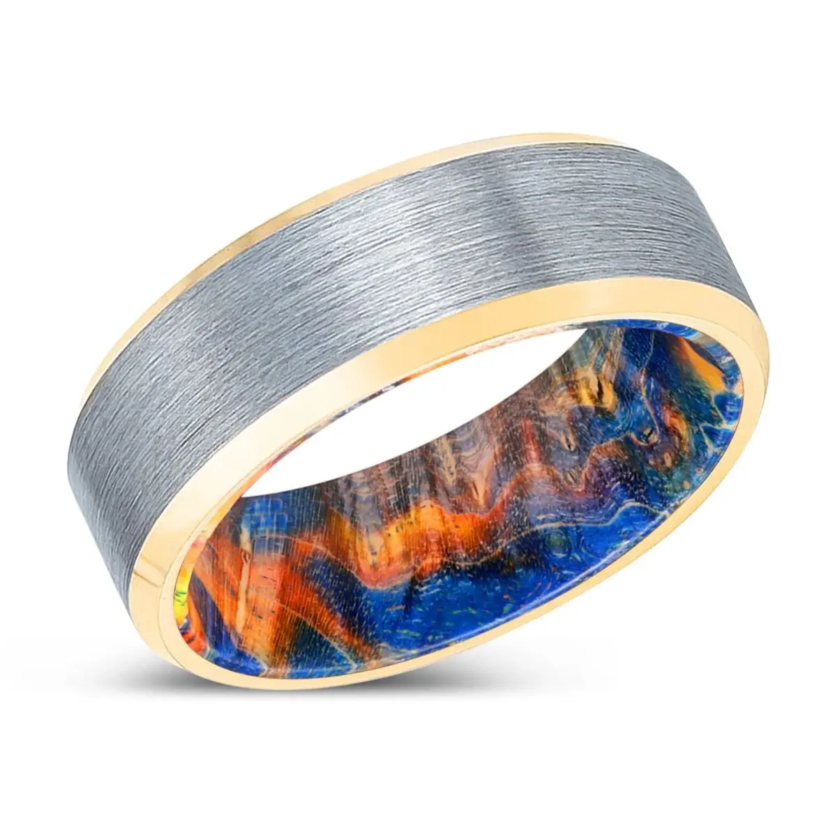 Mubarak | Blue & Yellow/Orange Wood, Brushed, Silver Tungsten Ring, Gold Beveled Edges 2