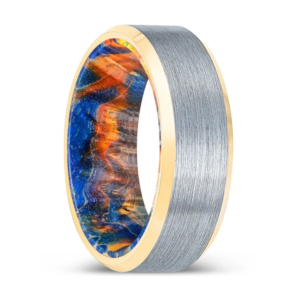 Mubarak | Blue & Yellow/Orange Wood, Brushed, Silver Tungsten Ring, Gold Beveled Edges 1