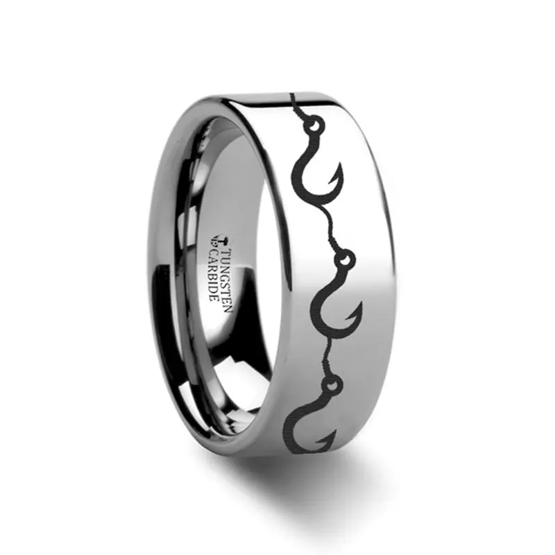 Multiple Fishing Hook Pattern Print Engraved Flat Tungsten Couple Matching Ring - 4Mm - 12Mm 1