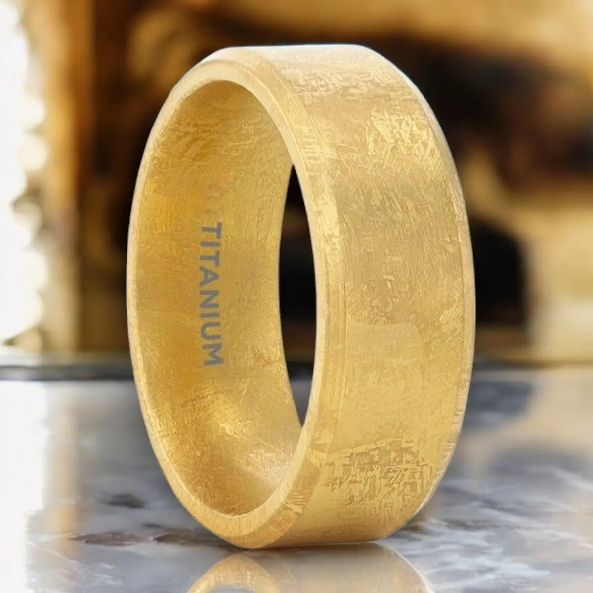 Muse | Gold Titanium Ring, Meteorite Pattern, Beveled 1