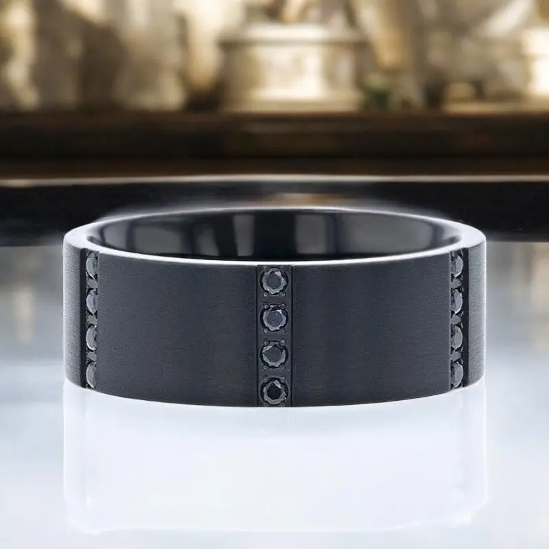 Mysterious | Black Titanium Ring, Quadruple Set Black Sapphires, Flat 5
