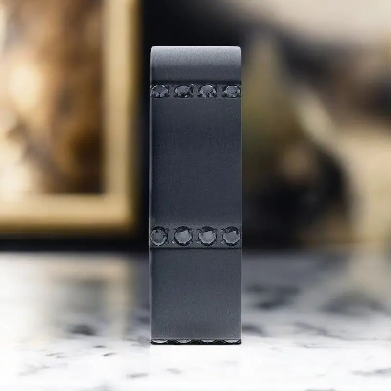 Mysterious | Black Titanium Ring, Quadruple Set Black Sapphires, Flat 4