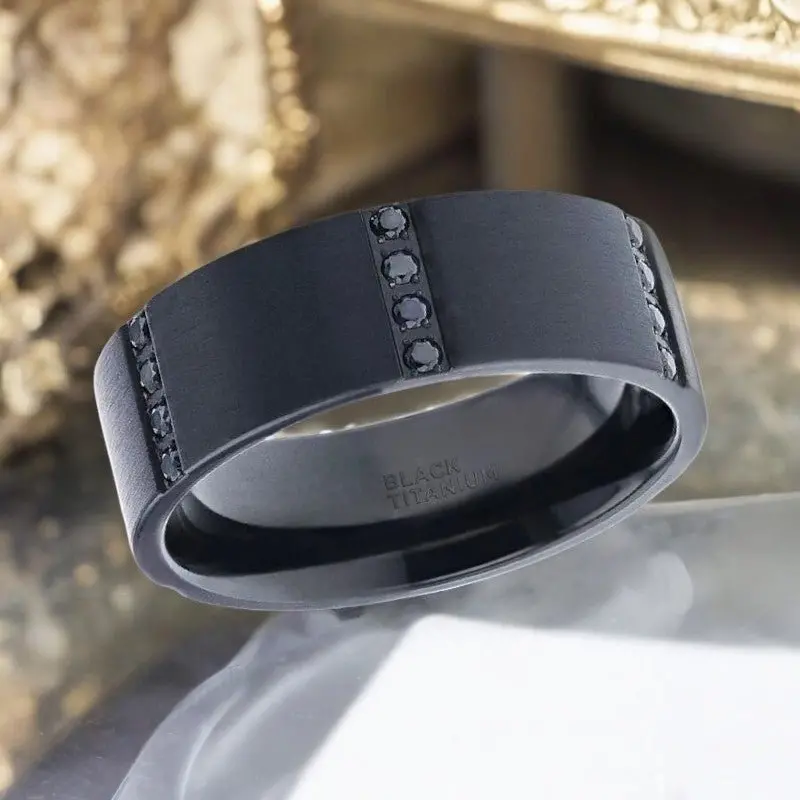 Mysterious | Black Titanium Ring, Quadruple Set Black Sapphires, Flat 2