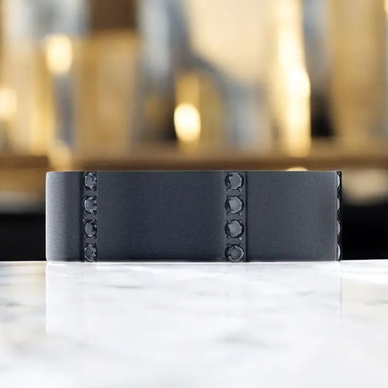 Mysterious | Black Titanium Ring, Quadruple Set Black Sapphires, Flat 3