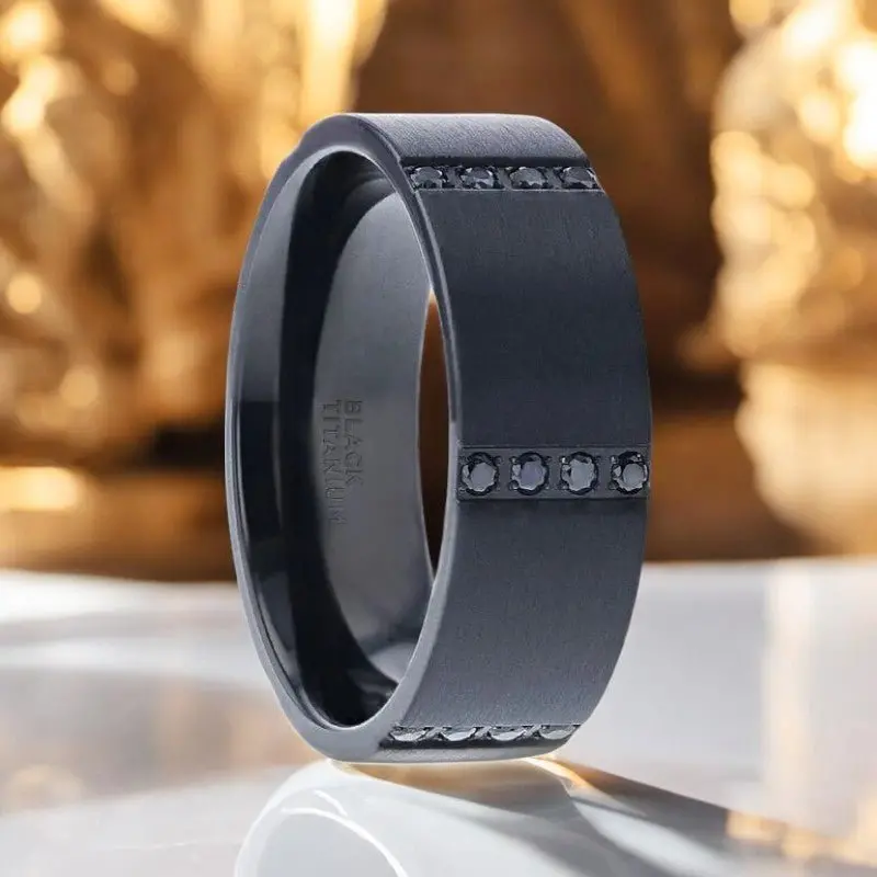 Mysterious | Black Titanium Ring, Quadruple Set Black Sapphires, Flat 1