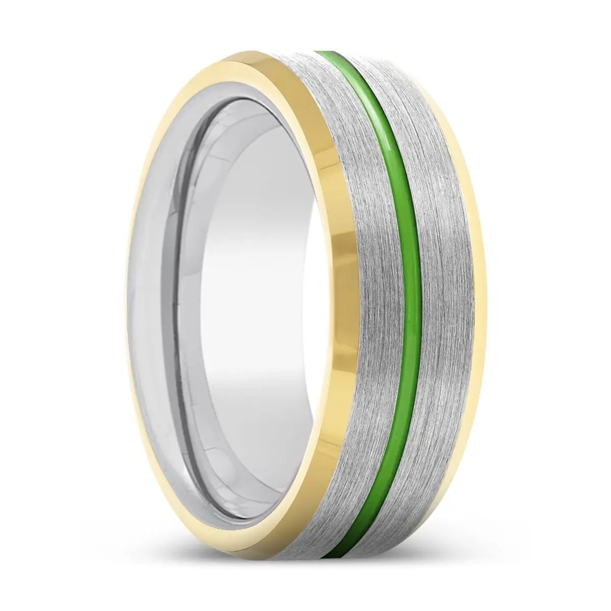 Mysti | Silver Ring, Silver Tungsten Ring, Green Groove, Gold Beveled Edge 1