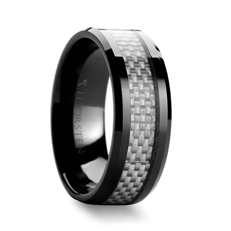 Mystique | Black Ceramic Ring, White Carbon Fiber Inlay, Beveled 1