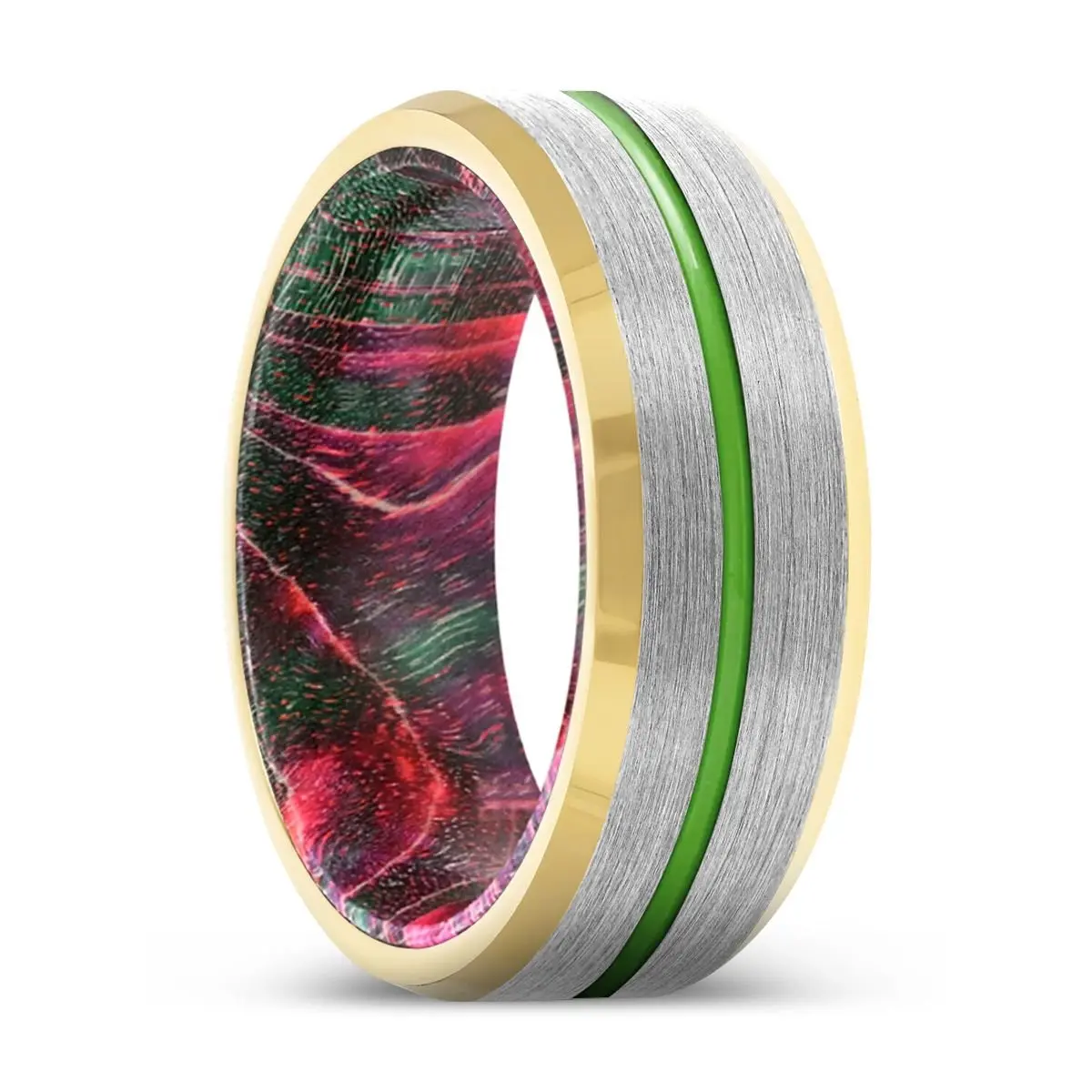 Nadler | Green And Red Wood, Silver Tungsten Ring, Green Groove, Gold Beveled Edge 1