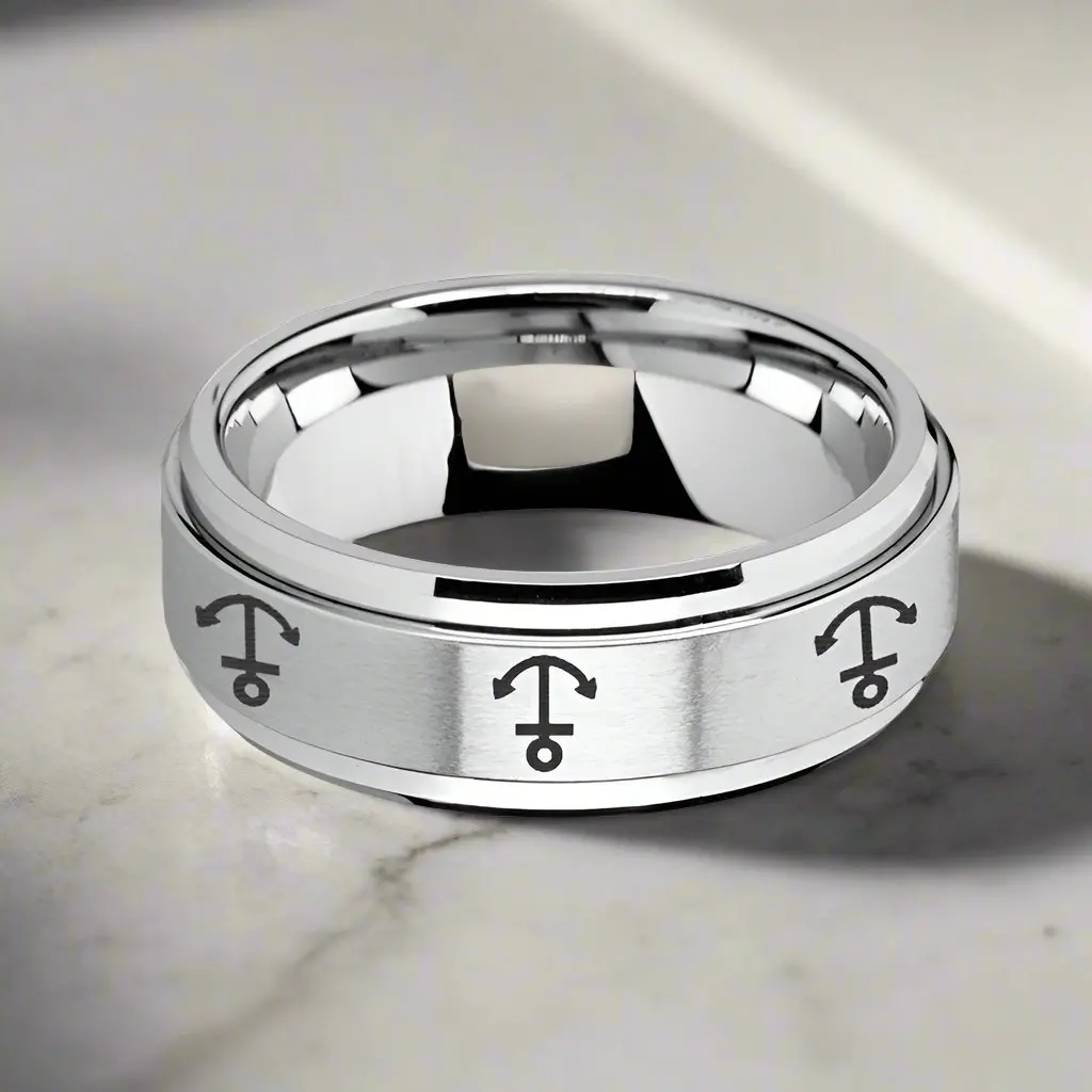 Navigator | Silver Tungsten Ring, Fidget Spinner, Laser Engraved Anchor, Beveled 3
