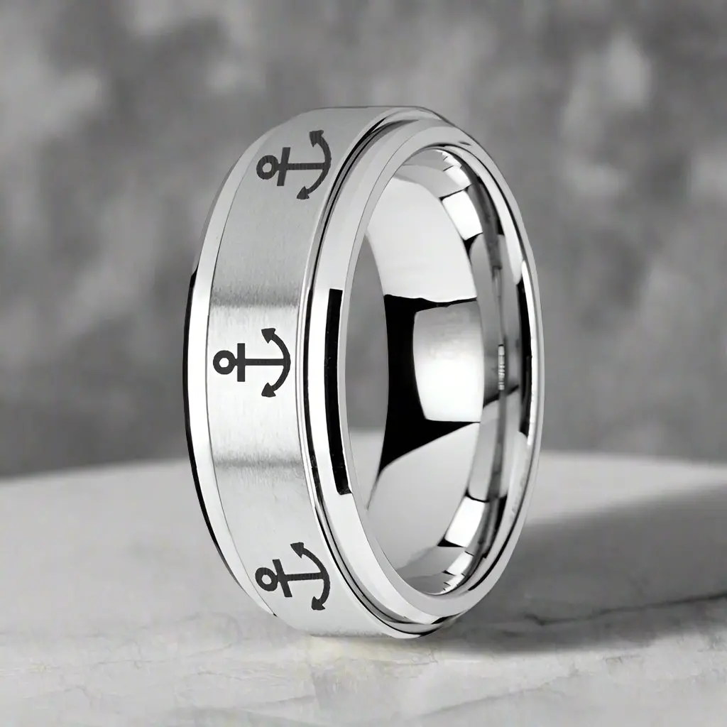 Navigator | Silver Tungsten Ring, Fidget Spinner, Laser Engraved Anchor, Beveled 2