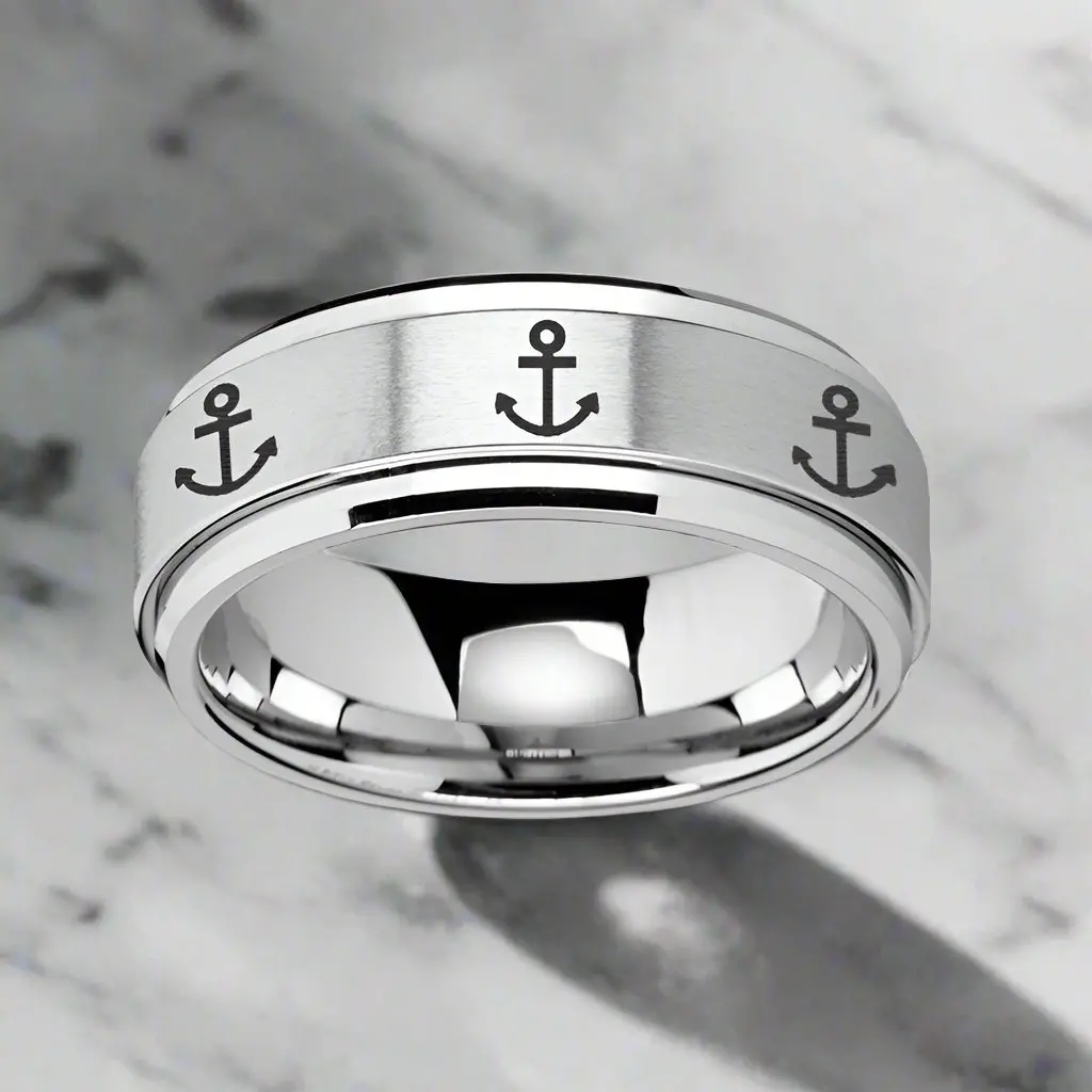 Navigator | Silver Tungsten Ring, Fidget Spinner, Laser Engraved Anchor, Beveled 1