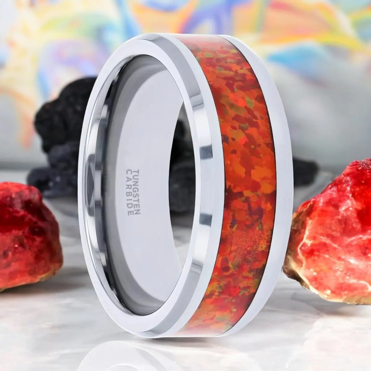 Nebula | Silver Tungsten Ring, Red Opal Inlay, Beveled 1