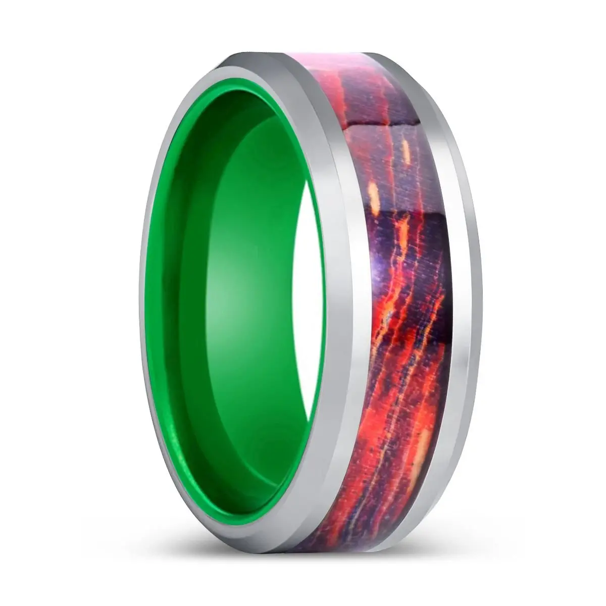 Nebulith | Green Tungsten Ring, Galaxy Wood Inlay Ring, Silver Edges 1