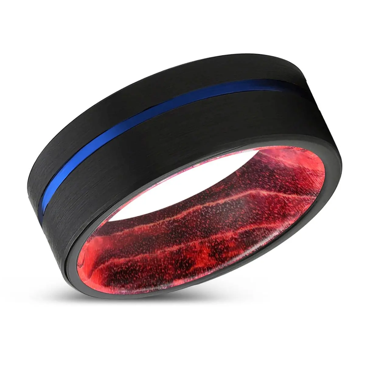 Nefarious | Black & Red Wood, Black Tungsten Ring, Blue Offset Groove, Flat 2