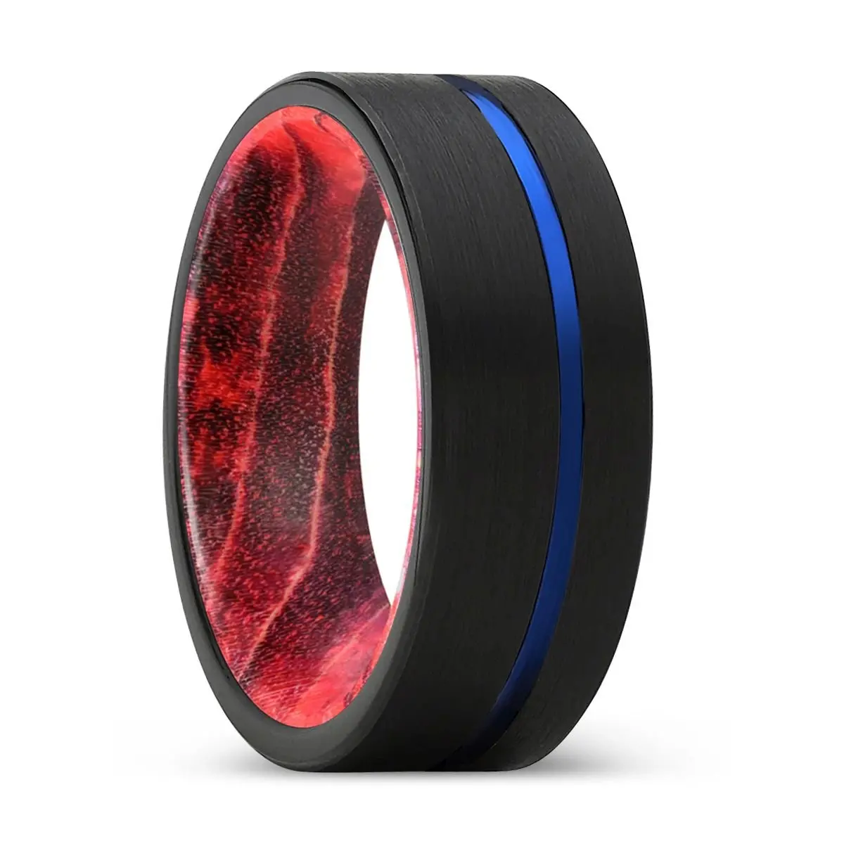 Nefarious | Black & Red Wood, Black Tungsten Ring, Blue Offset Groove, Flat 1