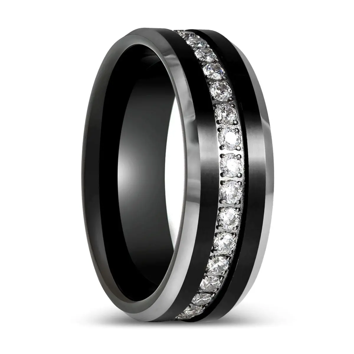 Nemesis | Black Tungsten Ring, White Round Cz, Beveled Edge Ring 1