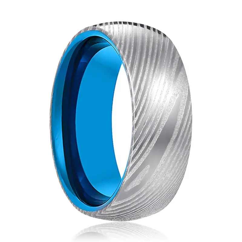 Neptune | Blue Tungsten Ring, Silver Damascus Steel, Domed 1