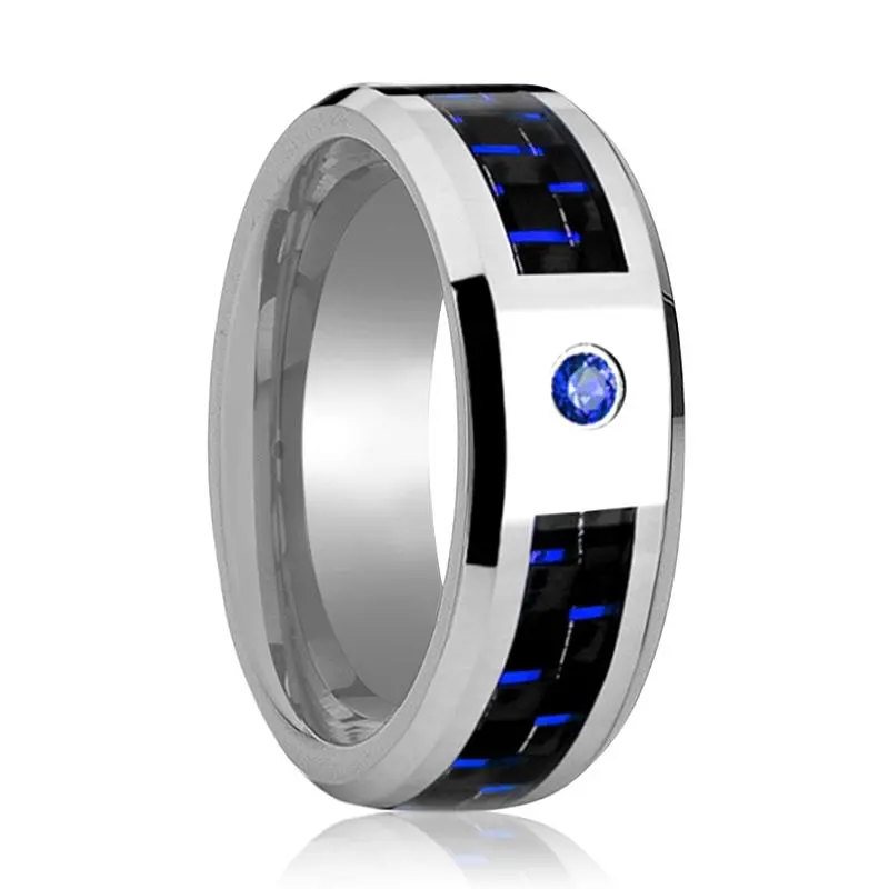 Neptune | Silver Tungsten Ring Blue Sapphire Stone, Black & Blue Carbon Fiber Inlay, Beveled 1