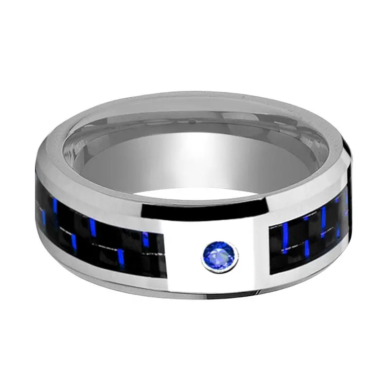 Neptune | Silver Tungsten Ring Blue Sapphire Stone, Black & Blue Carbon Fiber Inlay, Beveled 2