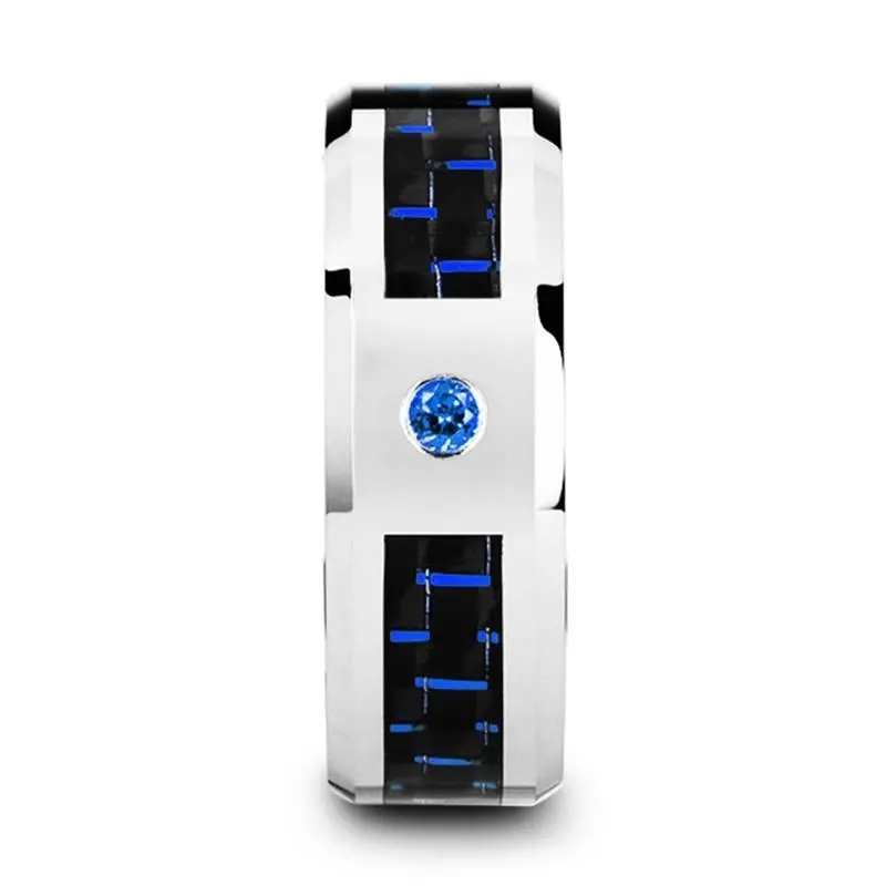 Neptune | Silver Tungsten Ring Blue Sapphire Stone, Black & Blue Carbon Fiber Inlay, Beveled 3