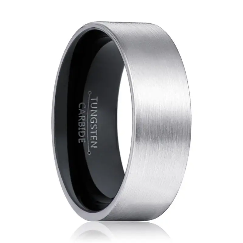 Nero | Black Ring, Silver Tungsten Ring, Brushed, Flat 1