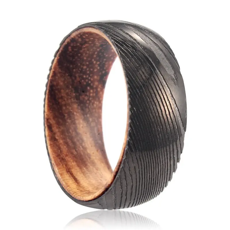 Newon | Zebra Wood, Gunmetal Damascus Steel Ring, Domed 1