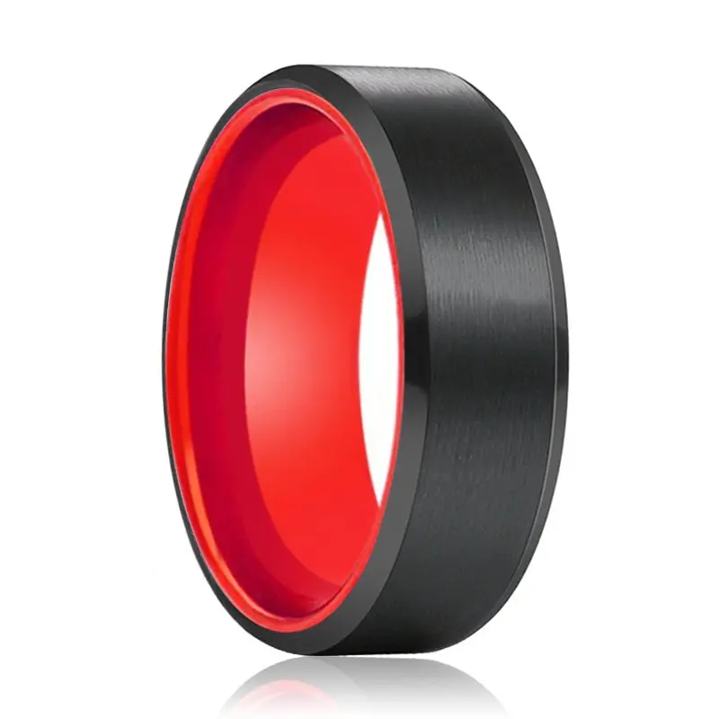 Newt | Red Ring, Black Tungsten Ring, Brushed, Beveled 1