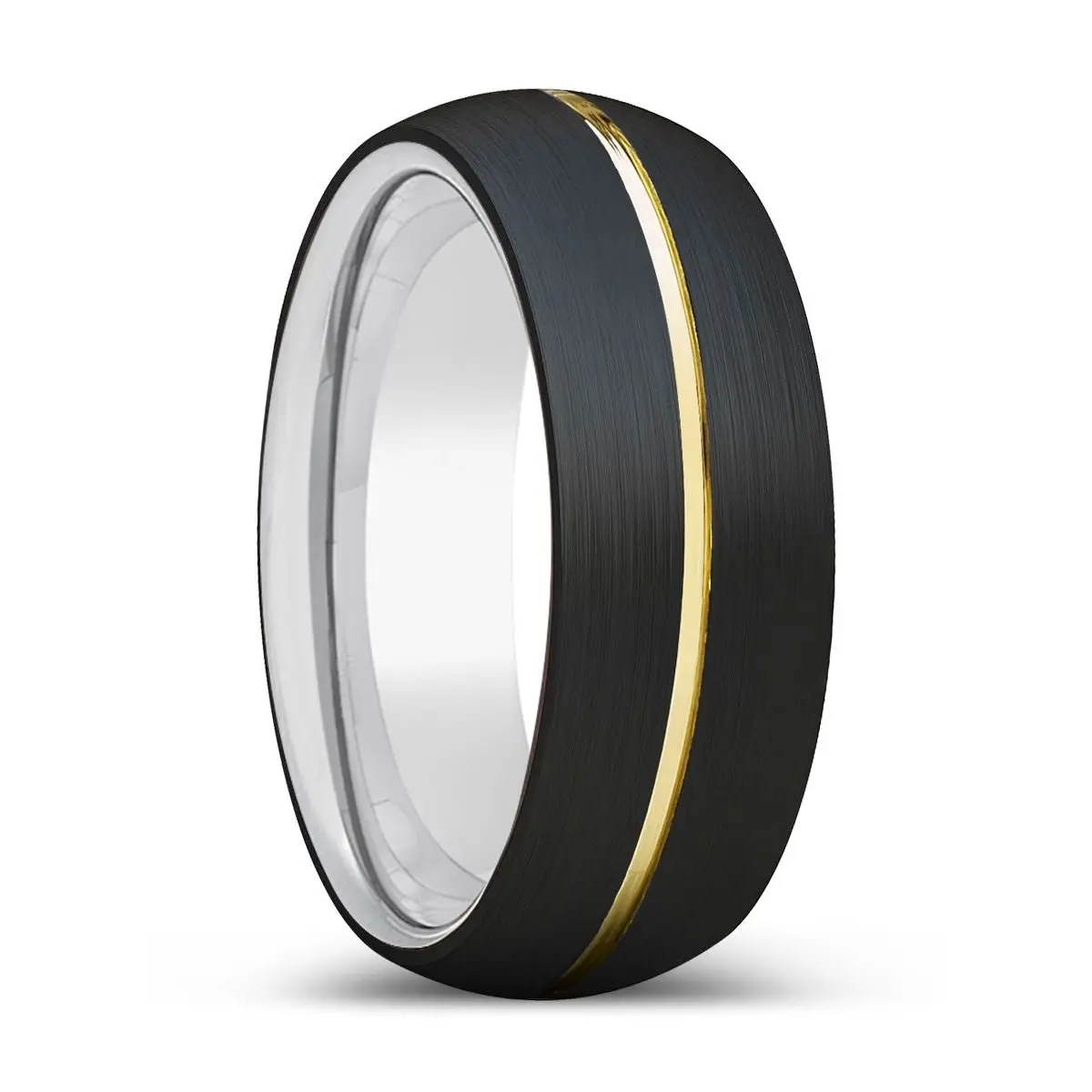 Nexus | Silver Ring, Black Tungsten Ring, Gold Groove, Domed 1