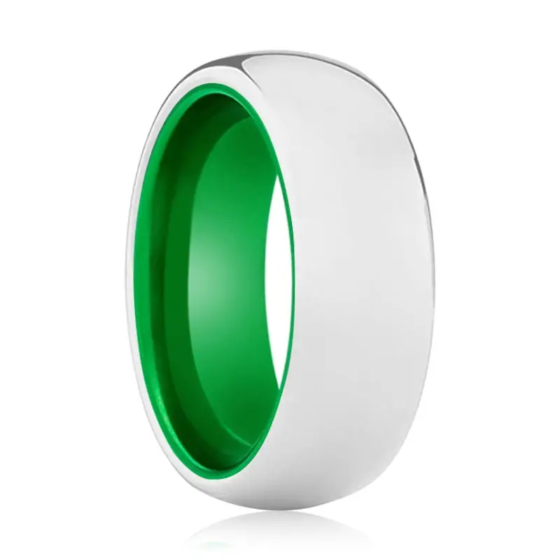 Nezara | Green Ring, Silver Tungsten Ring, Shiny, Domed 1