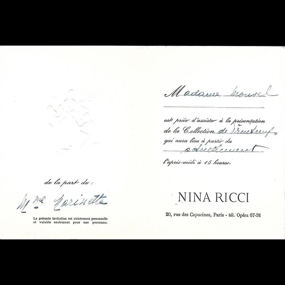 Nina Ricci - Carton D'invitation De La Maison De Couture, 20 Rue Des Capucines À Paris (1950S) 2