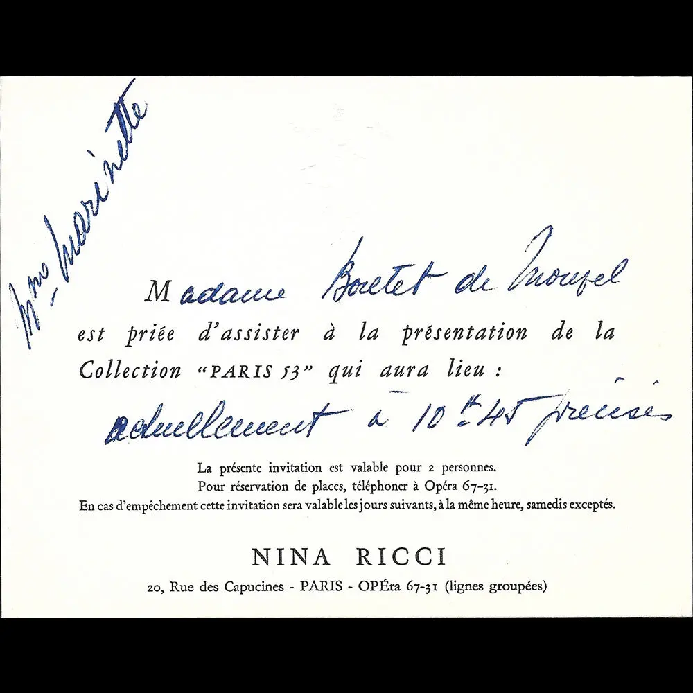 Nina Ricci - Carton D'invitation De La Maison De Couture, 20 Rue Des Capucines À Paris (1953) 1