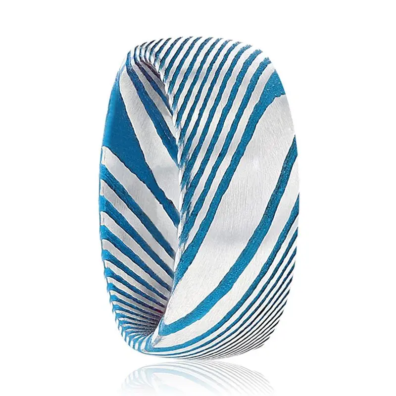Noah | Damascus Steel Ring With Blue Banding 1