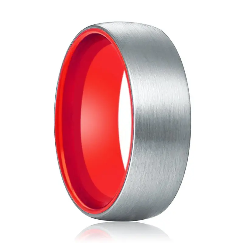 Noble | Red Ring, Silver Tungsten Ring, Brushed, Domed 1