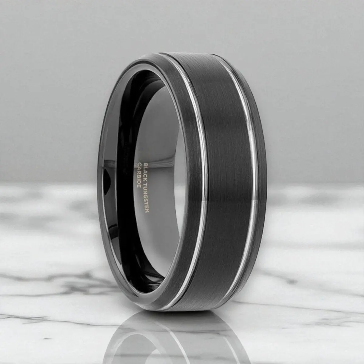Nocturne | Black Tungsten Ring With Brushed Finish & Polished Grooves 1