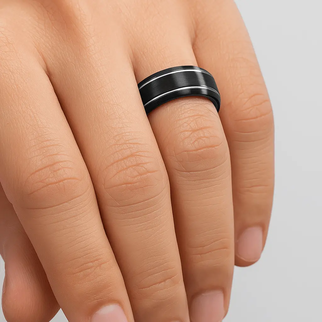 Nocturne | Black Tungsten Ring With Brushed Finish & Polished Grooves 2