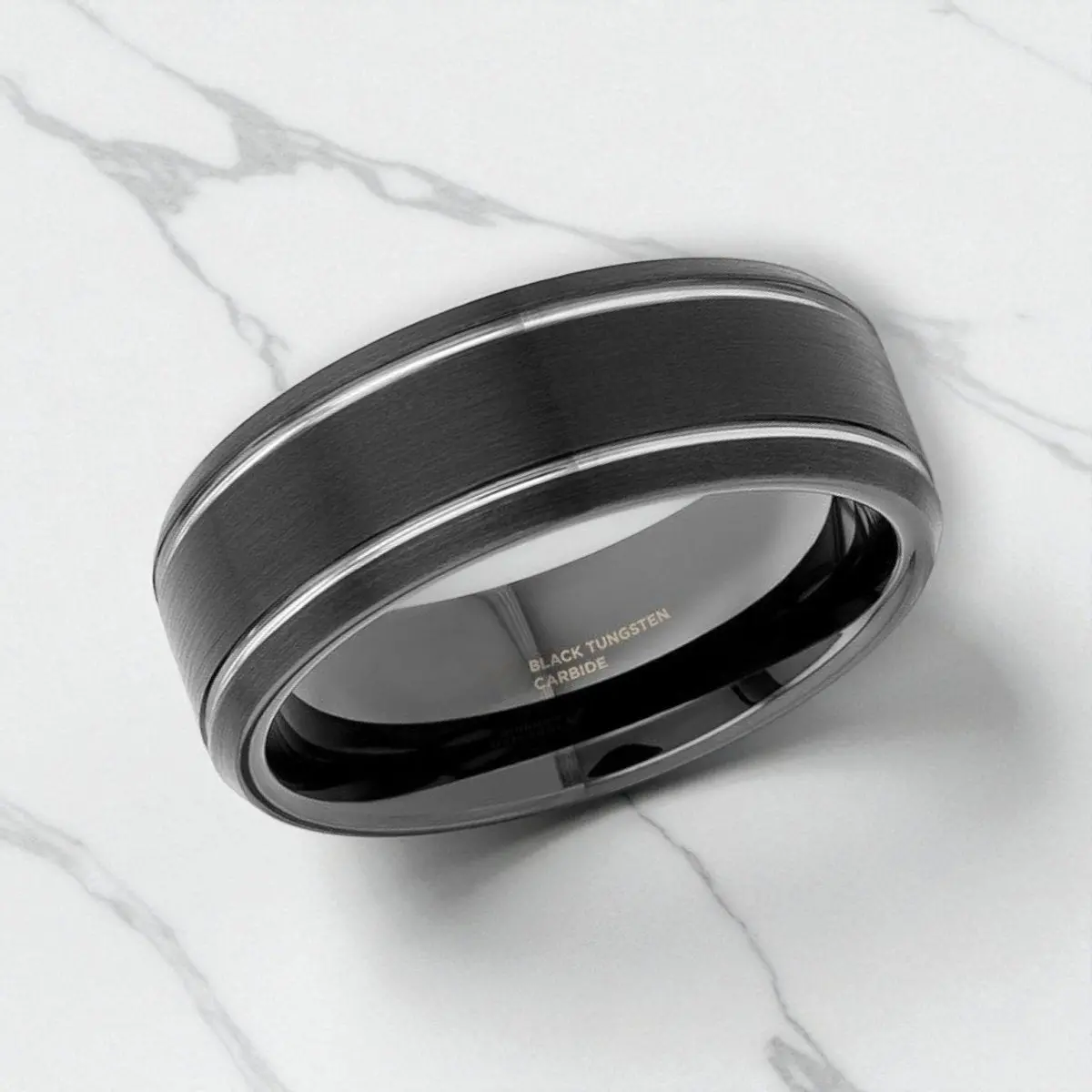Nocturne | Black Tungsten Ring With Brushed Finish & Polished Grooves 3