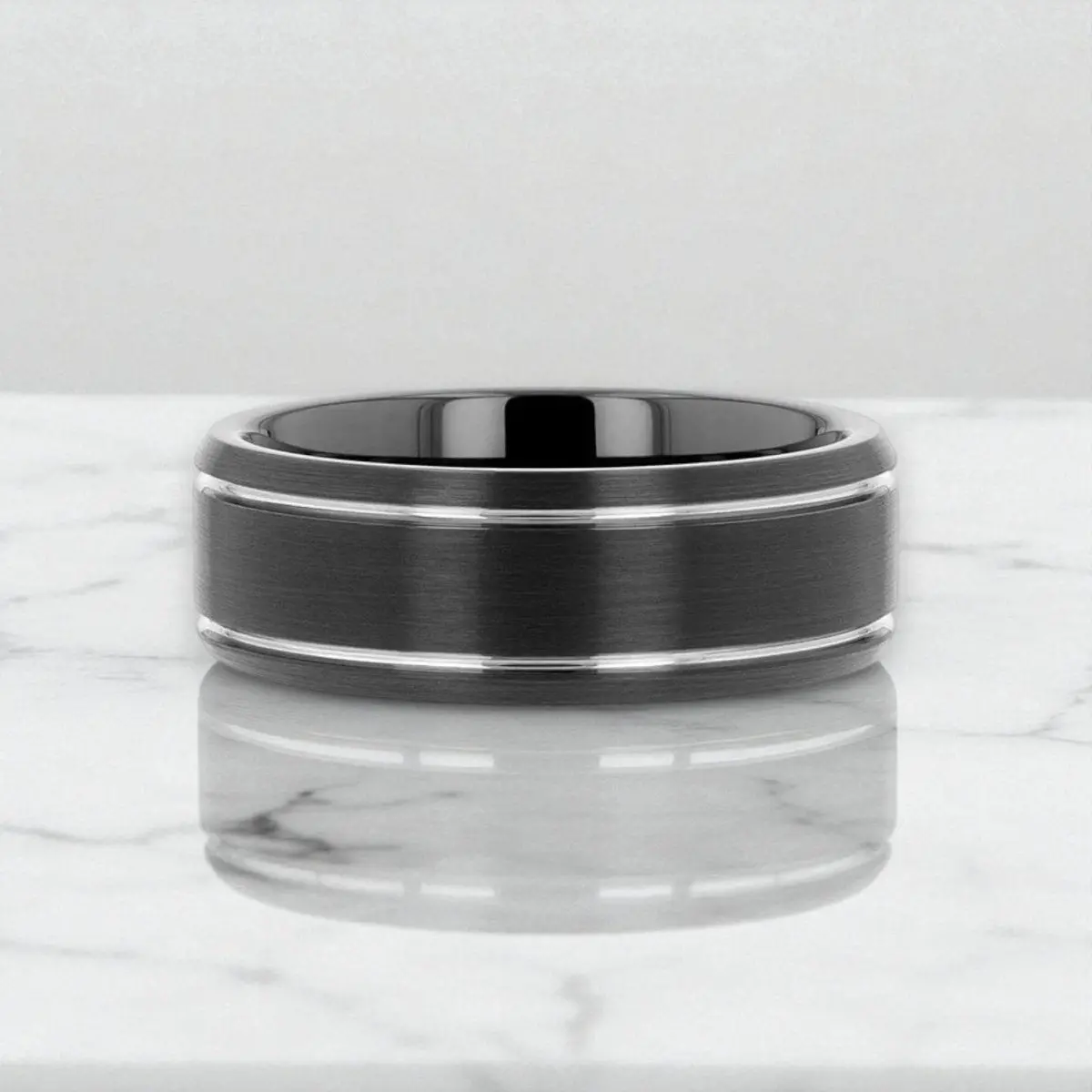 Nocturne | Black Tungsten Ring With Brushed Finish & Polished Grooves 5