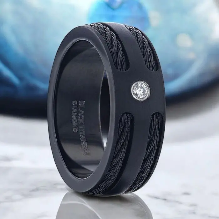 Noir | Black Titanium Ring, Double Black Rope Inlay, Diamond 1